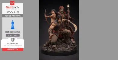 Three detailed warrior figures on a rocky base, one with a bow, one with a sword, and an elder with a lamp.