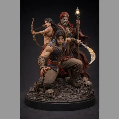 Three detailed characters: a crouching warrior, an archer woman, and a robed man with a staff on a rocky base.