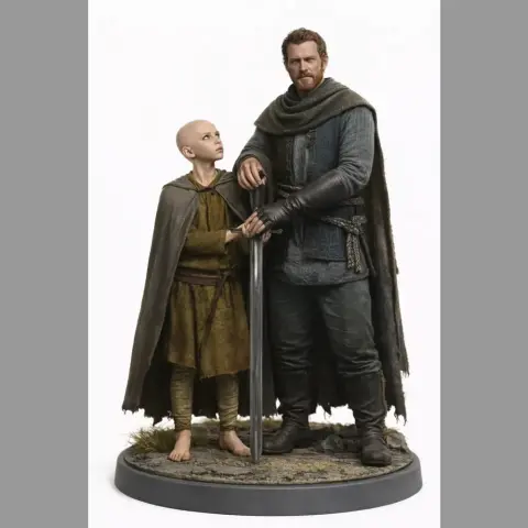 A knight and child figure stand on a base, with the knight holding a sword, wearing medieval attire.