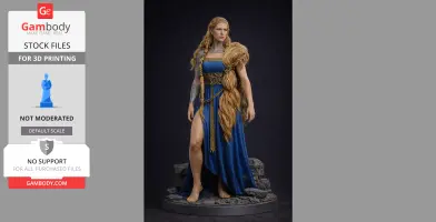 A 3D model of a warrior woman in a blue dress, braided hair, holding a fur, stands on a rocky base.