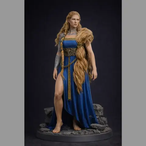 A 3D-printed model of a warrior woman in a blue dress with intricate armor details and a long, braided hairstyle.
