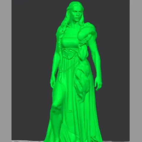 A 3D-printed model of a warrior woman in a blue dress with intricate armor details and a long, braided hairstyle.