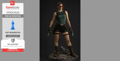 A 3D model of a female adventurer in action pose with dual pistols, standing on a rocky base.