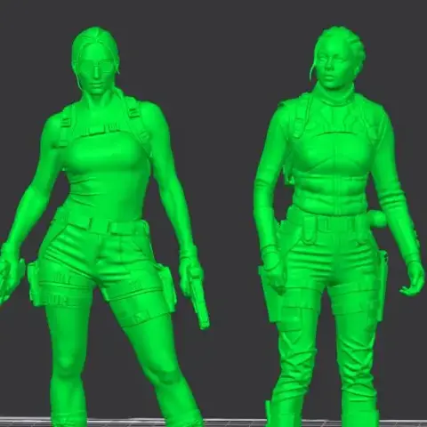 A 3D model of a female adventurer with guns, in rugged attire, standing on rocky terrain.