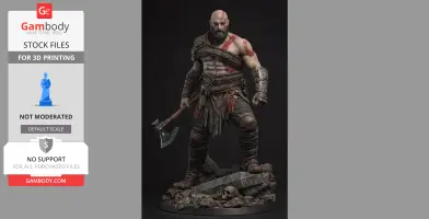 Warrior with an axe stands on rocky base with a skull, dressed in battle-worn armor.