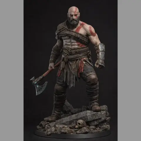 Warrior figure with a beard, holding an axe, wearing armor, stands on rocky base with skull, ready for action.