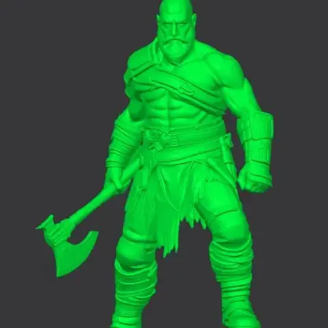 Warrior figure with a beard, holding an axe, wearing armor, stands on rocky base with skull, ready for action.