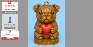 A cute bulldog puppy figurine holding a red heart, designed as a pendant for 3D printing.