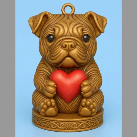 Adorable bulldog pendant holding a red heart, designed for 3D printing.