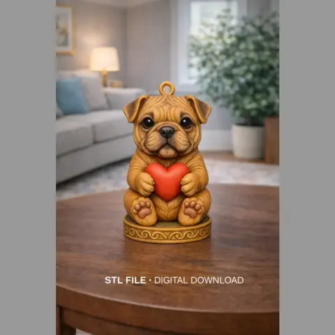 Adorable bulldog pendant holding a red heart, designed for 3D printing.