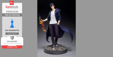 A 3D model of a character in a coat holding a colorful, fiery sword, standing on a rocky base.