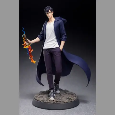 A dynamic 3D print model of a character in a long coat, holding a colorful, fiery sword on a rocky base.