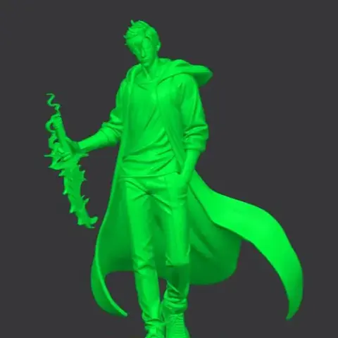 A dynamic 3D print model of a character in a long coat, holding a colorful, fiery sword on a rocky base.