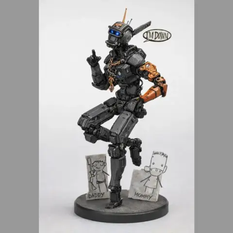 A detailed 3D model of a robot posing on a base with sketches, labeled 'Daddy' and 'Mommy.'