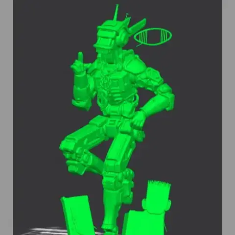 A detailed 3D model of a robot posing on a base with sketches, labeled 'Daddy' and 'Mommy.'