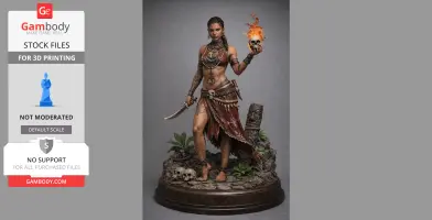 A tribal figure holding a flaming skull and a dagger, standing on a rocky base with foliage and skulls.