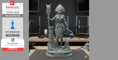Warrior woman figurine with detailed attire, feathered headdress, spear, and ornate base, ready for 3D printing.
