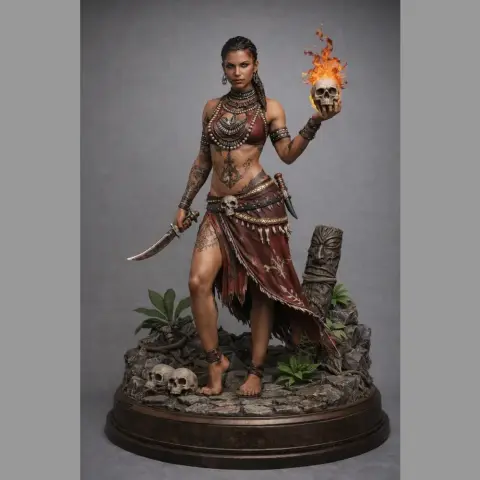 A detailed 3D model of a woman with tribal attire, holding a flaming skull and a knife, standing on a decorated base.