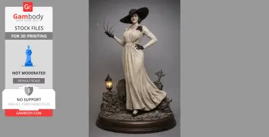 A tall woman in a wide-brimmed hat and long dress, standing on a detailed graveyard-themed base with a lamp.