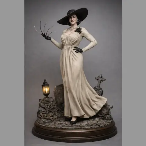 A tall woman in a long dress and wide-brimmed hat stands on a detailed base with a lantern and stone cross.
