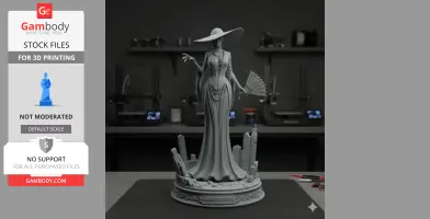 Elegant 3D model of a tall woman in a hat and gown, holding a fan, on a decorative base with ruins.