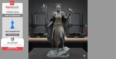 A detailed 3D model of Freya holding a staff and bird, wearing a feathered cloak.