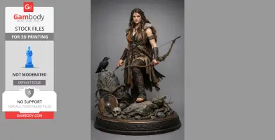 A detailed Freya figure with a bow, standing on a rocky base with a raven, shield, and skull.