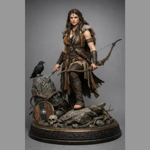 A warrior woman with a bow stands on rocky terrain with a raven and a skull nearby.