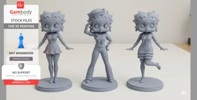 Three 3D-printed models of a classic cartoon character in various poses, standing on round bases.