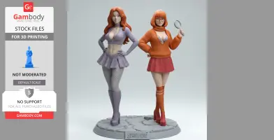 Two female characters in colorful outfits, one holding a magnifying glass, stand on a 'Scooby Doo' base.