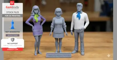 Three 3D-printed figures standing in a row, based on characters from a classic mystery series.