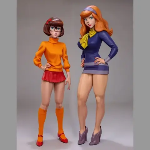 Two cartoon-style female characters in colorful outfits standing side by side.