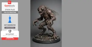 Grotesque fly-human hybrid figure ready for 3D printing, posed on a detailed base with debris.