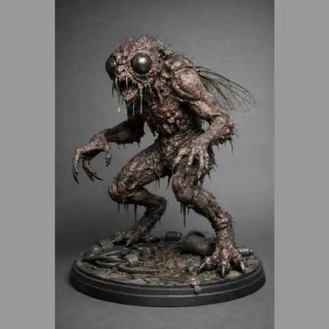 Grotesque humanoid insect creature with large eyes, wings, and clawed hands on a detailed base.