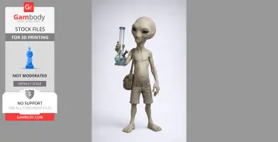 Alien figure wearing shorts, holding a glass pipe, with a shoulder bag.