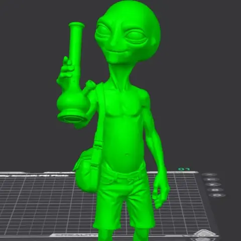 Alien figure with large eyes holding a glass object, wearing shorts and a bag over shoulder.