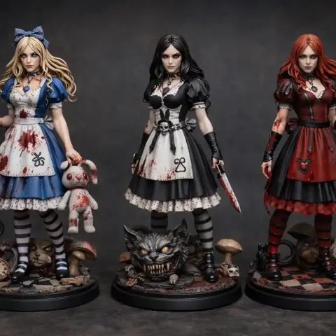 Three detailed 'Alice in Wonderland' figures, each in unique attire with themed bases, for 3D printing.