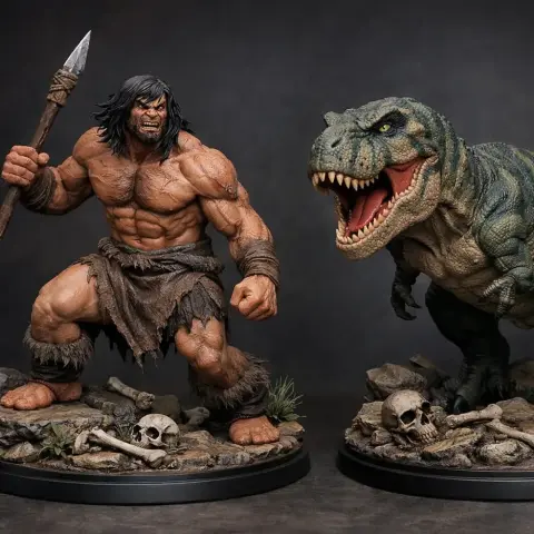 A muscular caveman with a spear and a fierce dinosaur stand on rocky bases with skulls.