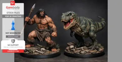 A muscular caveman with a spear stands beside a fierce dinosaur, both on rocky bases with skulls.