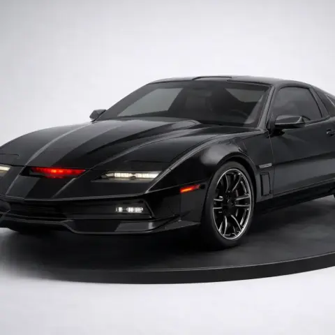 A sleek black sports car with a red scanning light on the front, displayed on a round platform.