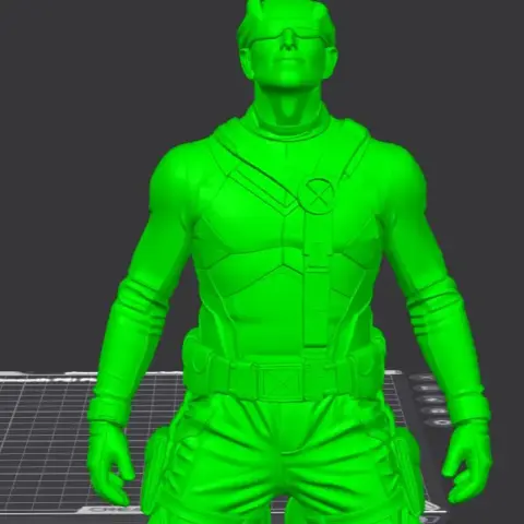 A superhero kneels, emitting a powerful red beam from his visor.