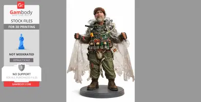 A bearded figure in tech gear and a tattered cape, standing on a round base, ready for 3D printing.