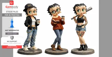 Stylized 3D models of a character in casual outfits with various poses and accessories.