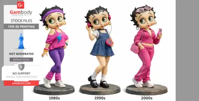 Three Betty Boop figurines in 1980s, 1990s, and 2000s outfits, each with unique accessories.