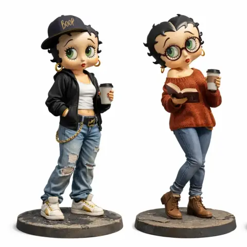 Stylized figures of a cartoon character in casual outfits, holding coffee, standing on round bases.