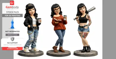 Three stylish female figurines in different outfits, each with unique accessories like a bat, coffee, and book.