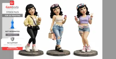 Three stylized female figures in modern outfits: casual, chic, and playful, ready for 3D printing.