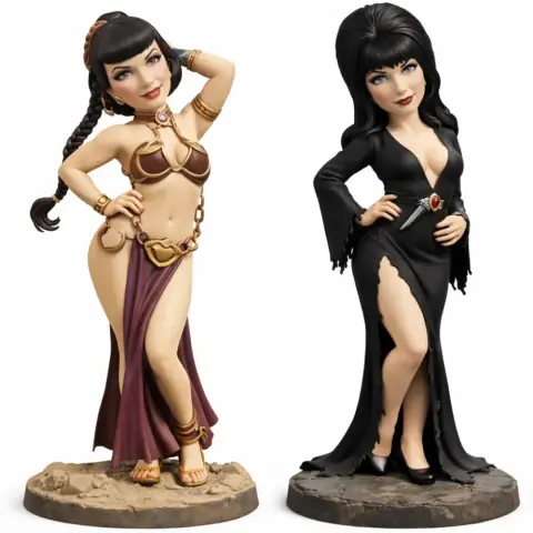 Two stylized female figurines in distinctive outfits, standing on themed bases.