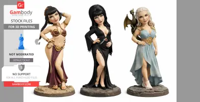 Three stylized female figures in distinct fantasy outfits, each on a stone-like base.