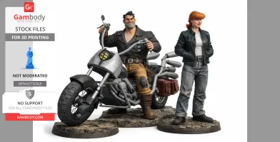 3D models of a biker with a motorcycle and a woman in leather jackets, designed for 3D printing.